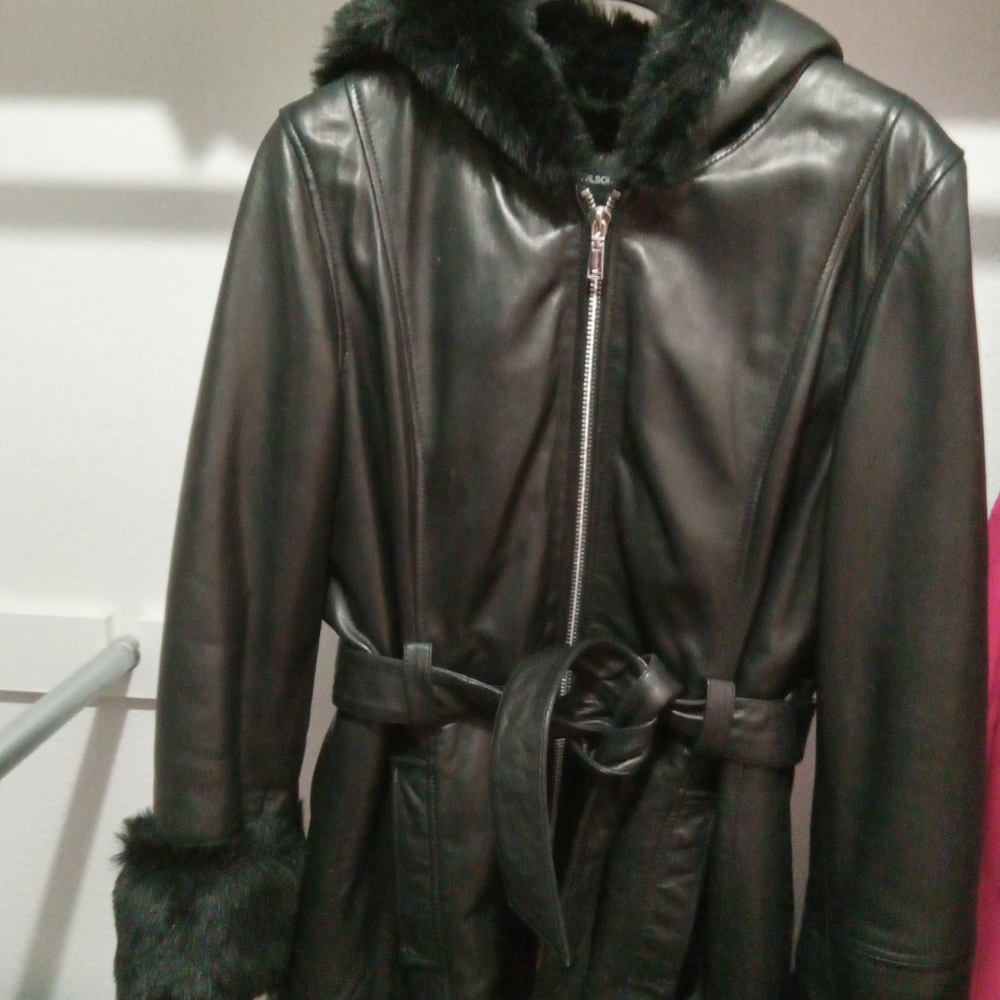 Wilsons Leather Black Hooded Jacket with Faux Fur Trim